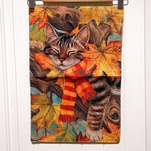 Fall Garden Flag Sleeping Tabby Cat Autumn Leaves Scarf Burlap 12x18 Vertical